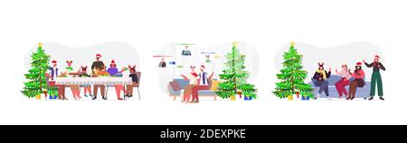 set mix race people in santa hats celebrating happy new year and merry christmas winter holidays horizontal full length vector illustration Stock Vector