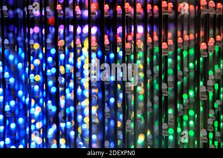 Huge quantity of color LED arranged in rows and columns Looking like futuristic three dimensional space Stock Photo