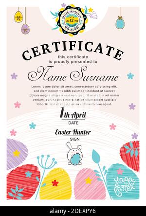 Easter white certificate with bunny, multicolored eggs. Easter blank Stock Vector