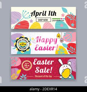 Easter banners with bunny, multicolored eggs. Easter blank. Three banners Stock Vector