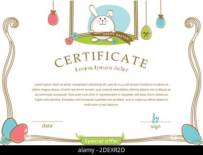Easter white certificate with bunny, multicolored eggs. Easter blank Stock Vector