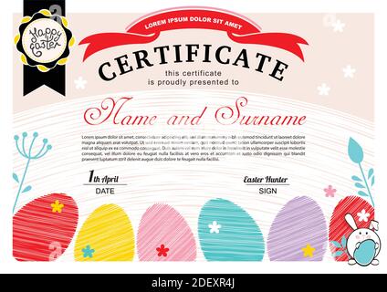Easter white certificate with bunny, multicolored eggs. Easter blank Stock Vector