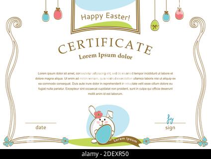Easter white certificate with bunny, multicolored eggs. Easter blank Stock Vector