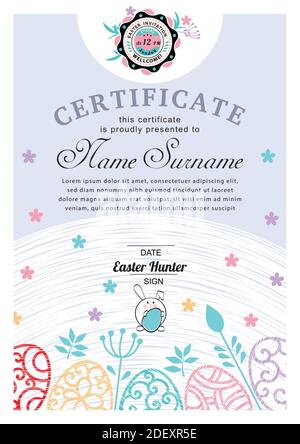 Easter white blue certificate with bunny, multicolored ornamental eggs. Pastel colors. Stock Vector