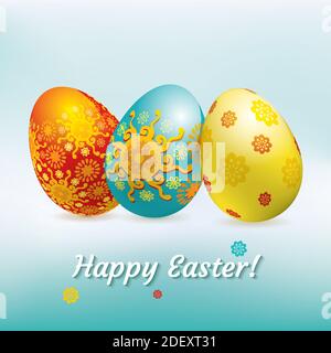 Blue red yellow Easter eggs on the blue background. Blue Easter card Stock Vector