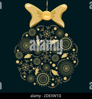 Christmas golden ornament hanging isolated on dark background. Christmas ball with snowflakes. Decorative snowflake baubles. Stock vector illustration Stock Vector