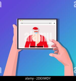 hands using tablet pc with santa claus on screen new year christmas holidays celebration coronavirus quarantine self isolation concept portrait vector illustration Stock Vector