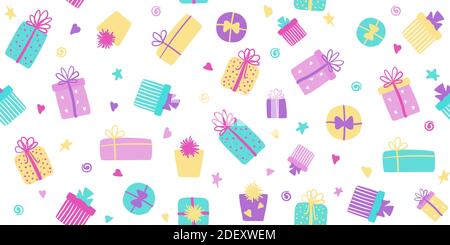 Gift boxes vector seamless pattern. Cute long background, banner with colorful presents. For wrapping paper,wallpapers Stock Vector