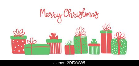 Merry Christmas greeting card with cute hand drawn gift boxes. Vector long banner with Christmas greetings and presents Stock Vector