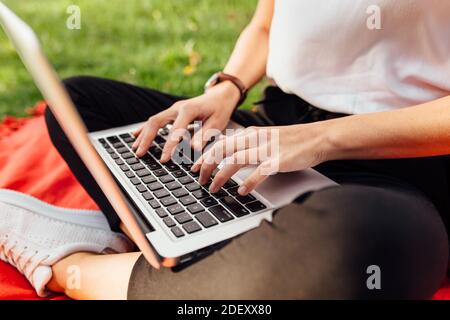 Close-up image of hands, fingers, typing on the keyboard text Stock Photo