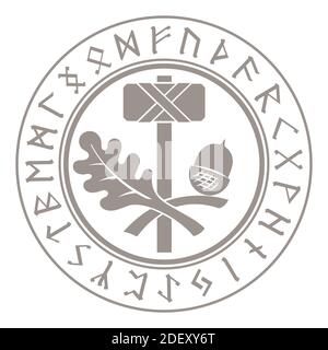 Thors hammer - Mjolnir. Scandinavian Runes and oak leaf ornament Stock Vector