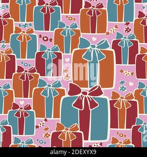 Vector seamless pattern of different colorful gift boxes and candies. Design for wrapping paper. Stock Vector