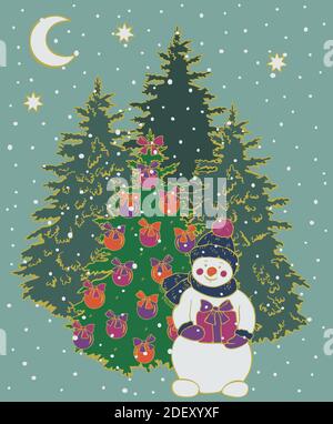 Vector illustration postcard design decorated Christmas trees and snowman holding gift. Retro vintage style Xmas card, New Year. Stock Vector