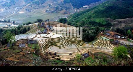 Rice fields on terraced of Mu Cang Chai, YenBai, Vietnam - July 19, 2018 Stock Photo