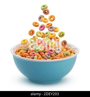 Colorful corn rings in bowl isolated on white background Stock Photo