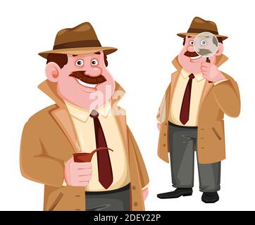 Stock vector detective character, set of two poses. Investigator cartoon character. Vector illustration isolated on white Stock Vector