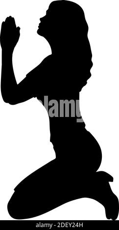 Silhouette of woman sitting on her knees praying asking for help. Illustration symbol icon Stock Vector