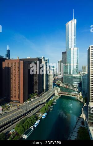 Aerial View of Chicago River and Wacker Drive, Chicago, Illinois, USA Stock Photo