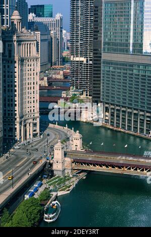 Aerial View of Chicago River and Wacker Drive, Chicago, Illinois, USA Stock Photo