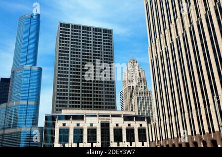 Trump International Hotel and Tower, 401 North Michigan Avenue, Chicago Tribune Building and NBC Tower, Chicago, Illinois, USA Stock Photo