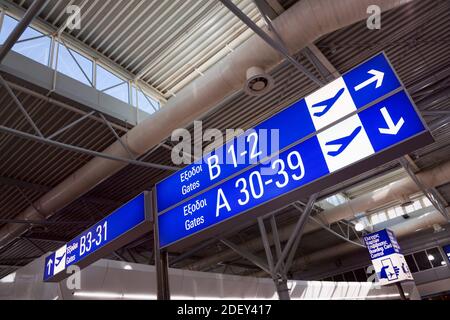 Signs, Athens International Airport, Athens, Attica, Greece Stock Photo