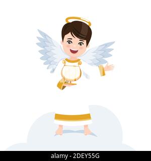 Angel playing the harp on white background. Isolated flat vector illustration Stock Vector