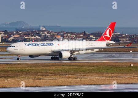 Istanbul, Turkey - February 15, 2019: Turkish Airlines Airbus A330-300 airplane at Istanbul Ataturk Airport (IST) in Turkey. Airbus is a European airc Stock Photo
