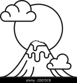 Mount Fuji at Japan vector line icon with clouds and sun for Mountain Day holiday on August 11th. Nature appreciation outlinesymbol. Stock Vector