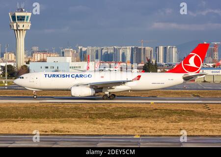 Istanbul, Turkey - February 15, 2019: Turkish Cargo Airbus A330-200F airplane at Istanbul Ataturk Airport (IST) in Turkey. Airbus is a European aircra Stock Photo