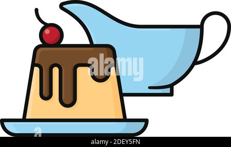 Pudding with chocolate sauce and cherry, gravy boat in back, isolated vector illustration for Vanilla Custard day on August 17. Stock Vector