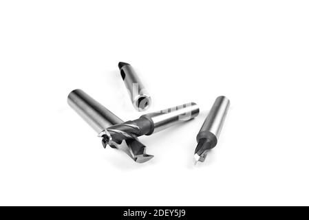cutters for metal processing, fixtures and tools for metal processing on a white background close up Stock Photo