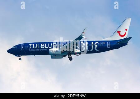 Heraklion, Greece - September 15, 2018: TUIfly Boeing 737-800 airplane with the TUI Blue special livery at Heraklion Airport (HER) in Greece. Stock Photo