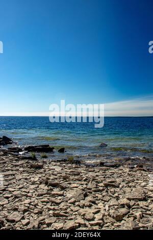 Deep waters of Lake Huron seen from the islands, ON. Spectacular scenery in the summer in Georgian Bay in ON, Canada. There are over 30,000 islands in Stock Photo