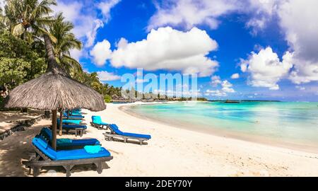 Relaxing tropical holidays . beach scenery . resorts of Mauritius island, Belle Mare beach Stock Photo
