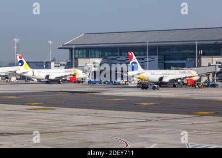 Bogota, Colombia - January 30, 2019: Vivaair Airbus A320 airplane at Bogota Airport (BOG) in Colombia. Stock Photo