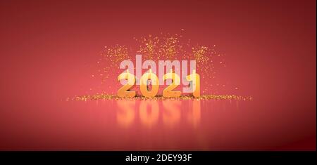 2021 text with gold letters on red background 3D rendering Stock Photo