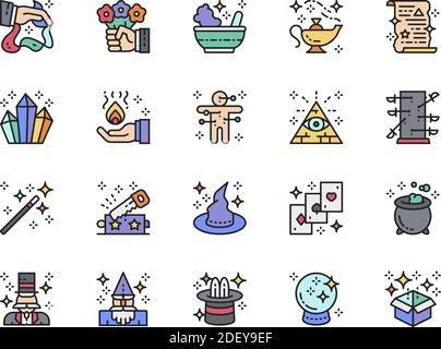 Set of Magic Show Flat Color Line Icons. Illusionist, Wizard, Circus and more. Stock Vector