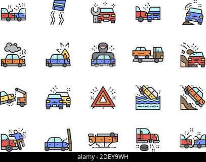 Set of Car Accidents Flat Color Line Icons. Car Station, Evacuation, Traffic Jam Stock Vector
