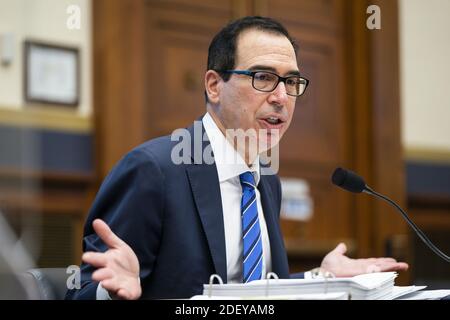 Washington, United States. 02nd Dec, 2020. Treasury Secretary Steven Mnuchin testifies during a House Financial Services Committee hearing regarding the federal response to the pandemic, in Rayburn House Office Building on Capitol Hill in Washington, DC on Wednesday, December 2, 2020. Pool Photo by Jim Lo Scalzo/UPI Credit: UPI/Alamy Live News Stock Photo