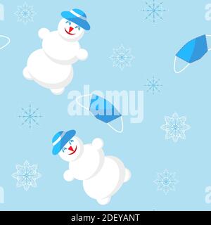 Seamless New Year vector pattern with a snowman medical mask and snowflakes. Concept Christmas holidays during a pandemic Stock Vector