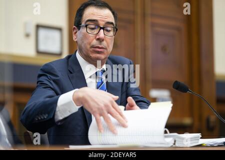 Washington, United States. 02nd Dec, 2020. Treasury Secretary Steven Mnuchin testifies during a House Financial Services Committee hearing regarding the federal response to the pandemic, in Rayburn House Office Building on Capitol Hill in Washington, DC on Wednesday, December 2, 2020. Pool Photo by Jim Lo Scalzo/UPI Credit: UPI/Alamy Live News Stock Photo