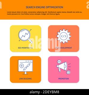 Banner with search engine optimization symbols and place for text. SEO poster. Vector illustration. Stock Vector