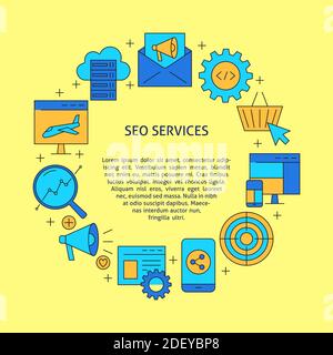 SEO services round poster in line style with place for text. Banner with search engine optimization icons. Vector illustration. Stock Vector