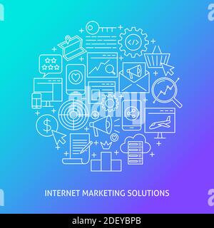 Internet marketing solutions banner in line style with text. SEO round concept poster. Vector illustration. Stock Vector