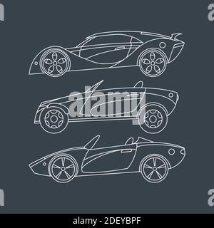 Drawn linear sports cars. Set for printing. Vector illustration Stock Vector