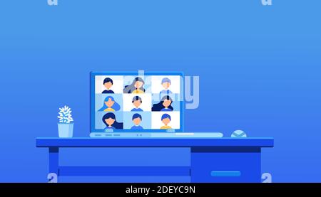 Video conference concept. Online meeting work form home. Online Class. Vector illustration in flat cartoon style Stock Vector