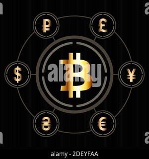 Bitcoin icon in the center of a circle of other world currencies. Bitcoin currency exchange, bitcoin trading platform. Abstract golden color vector ic Stock Vector