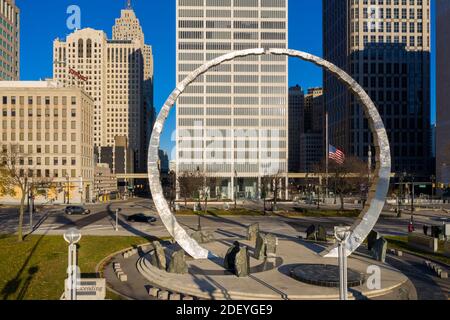 Detroit, Michigan - 'Transcending,' a labor legacy monument in Hart Plaza, erected by the Michigan Labor History Society. Stock Photo