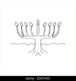 Chanukiah black silhouette in the form of a tree with roots. Jewish holiday of Hanukkah. Dudling Hanukkah. Vector illustration on isolated background. Stock Vector