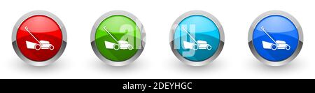 Lawn mower silver metallic glossy icons, set of modern design buttons for web, internet and mobile applications in four colors options isolated on whi Stock Photo